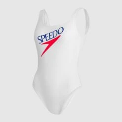 Speedo Womens White Retro Logo Deep U Back -Best Swimwear Store 8 12369c954 7