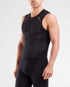 2XU Mens Compression Tri Singlet Black/Gold -Best Swimwear Store mt5519a blk gld 2xu trishack mens comp tri singlet swimwear shack